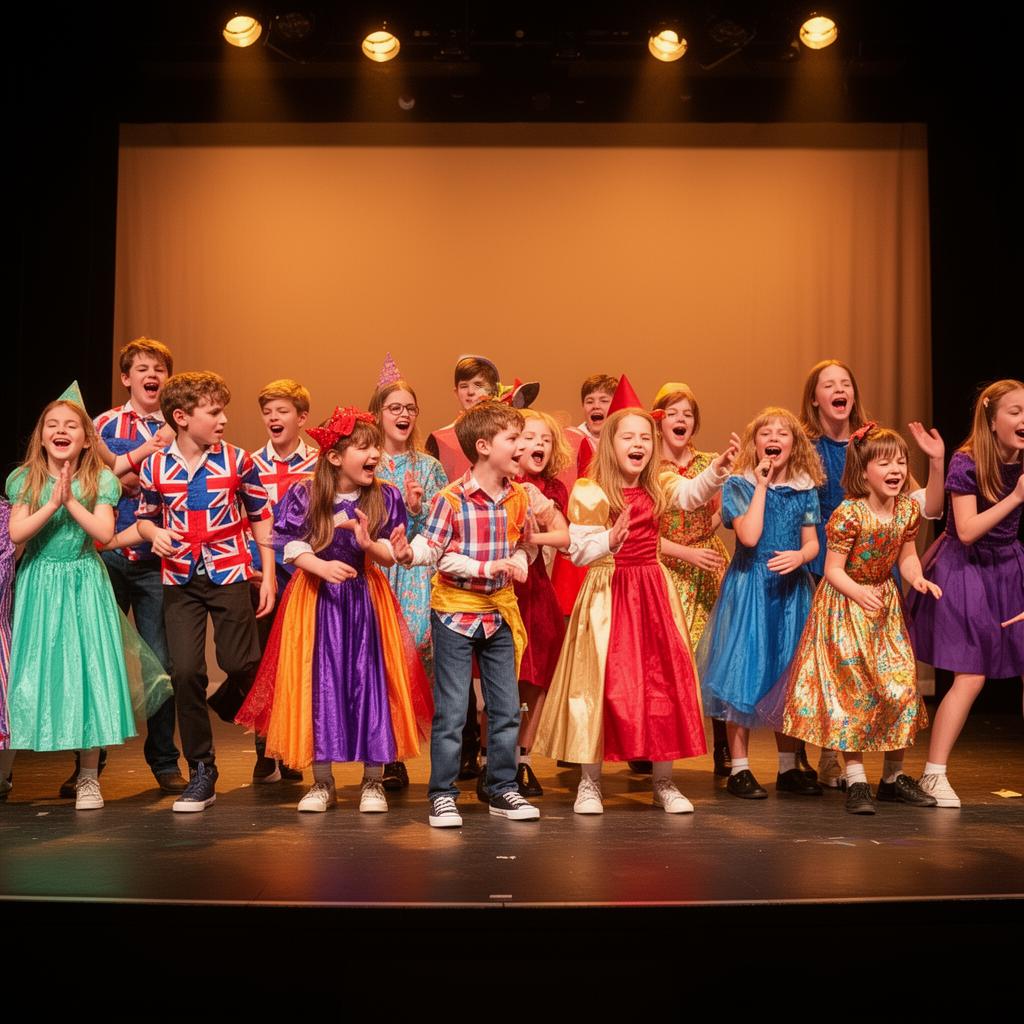 Children performing drama on a school stage