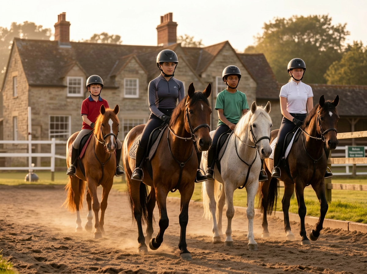 Children enjoying horse riding at a UK summer camp
