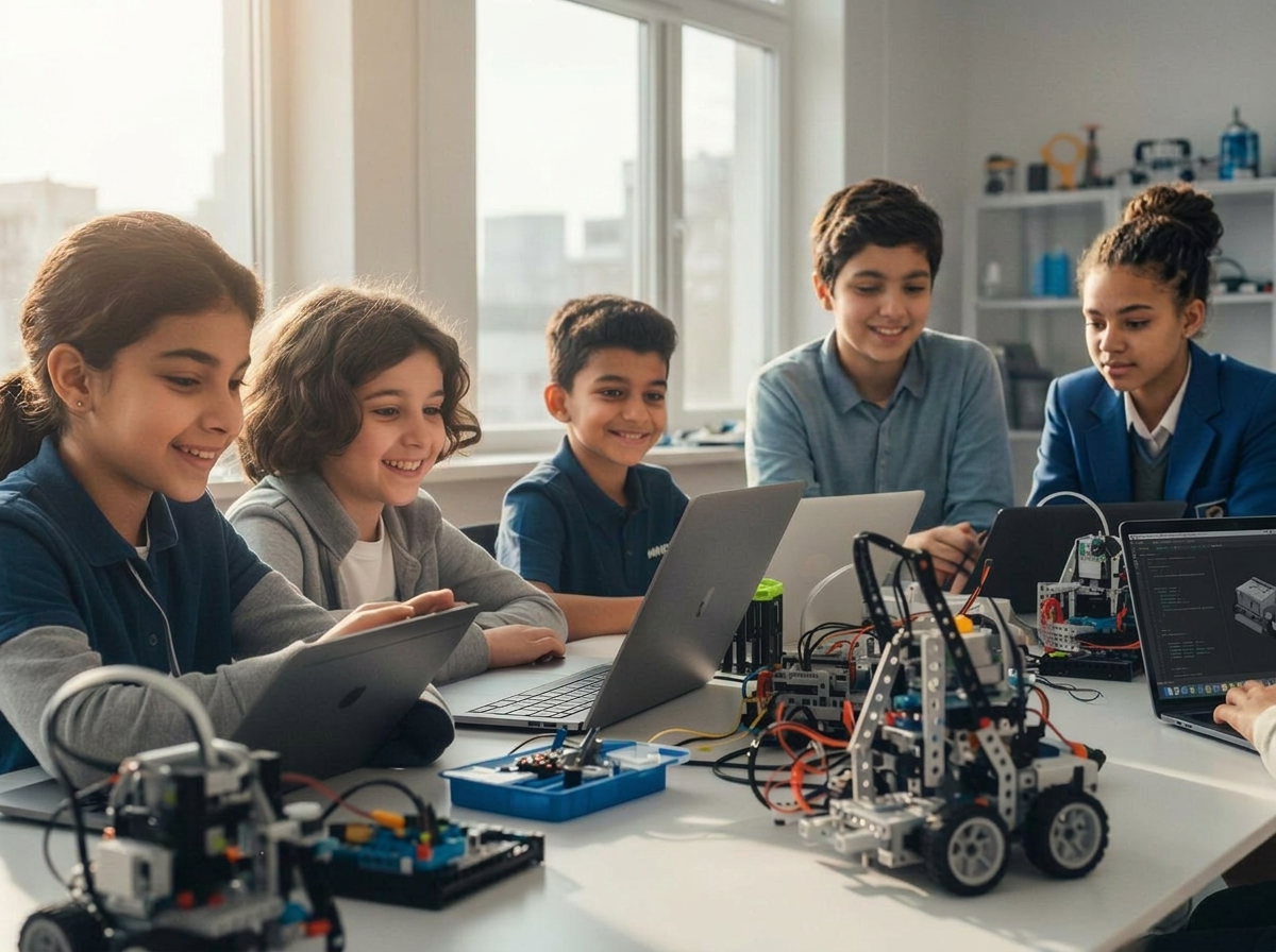Students building robotics in a UK classroom