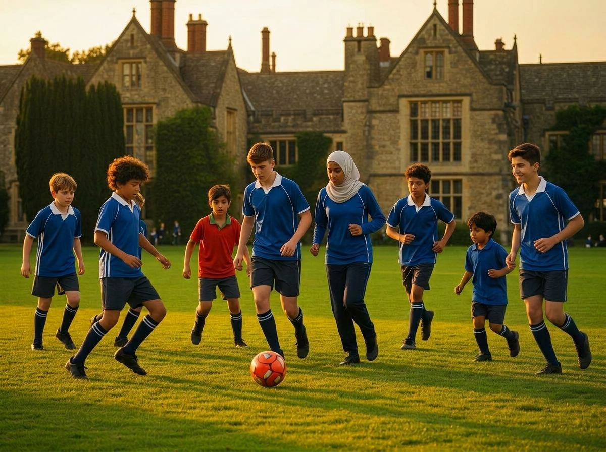 Children playing football at a UK summer camp